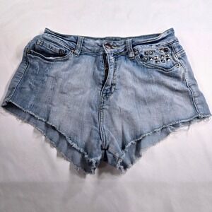 Mono B Distressed‎ Denim Shorts Women's L Cutoff Frayed Hem Studded Pockets